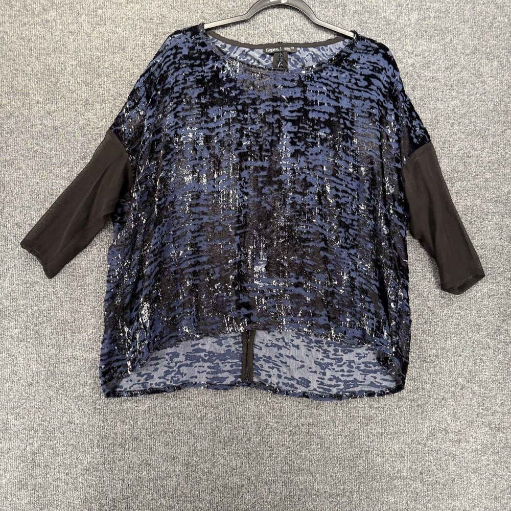 Gypsy 05 Top Womens XS Silk Blend Blue Black Burnout Dolman Sleeve Lagenlook 90s